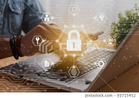 Casual Businessman Hand Touching Mobile Phone and Center Hexagon Lock Security Sign Casual Businessman Hand Touching Mobile Phone and Center Hexagon Lock Security Sign 93715452