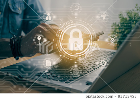 Casual Businessman Hand Touching Mobile Phone and Hexagon Lock Security Sign in Vintage Tone 93715455