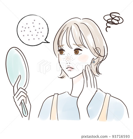 Illustration of a woman looking in the mirror Concerned about pores Illustration of a woman looking in the mirror Concerned about pores 93716593