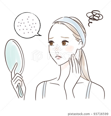 Illustration of a woman looking in the mirror Concerned about pores Illustration of a woman looking in the mirror Concerned about pores 93716599