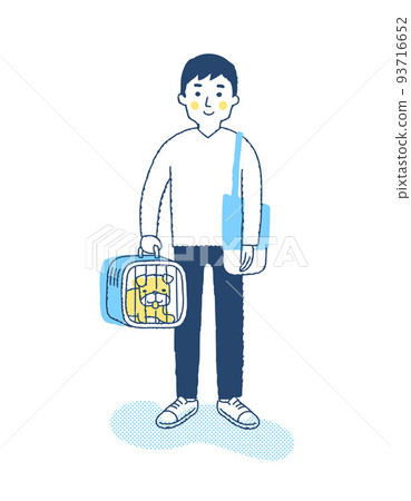 Young man carrying dog in pet carrier Young man carrying dog in pet carrier 93716652