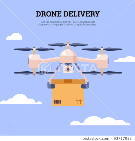 Drone delivery banner or poster with helicopter flat vector illustration. 93717982