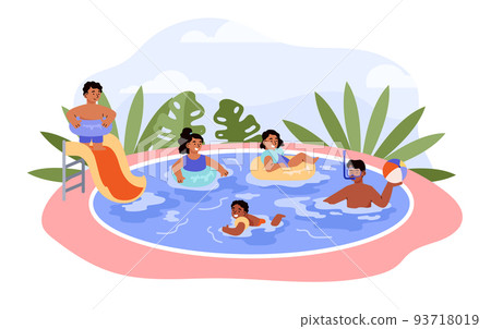 Children relaxing in swimming pool flat style, vector illustration 93718019
