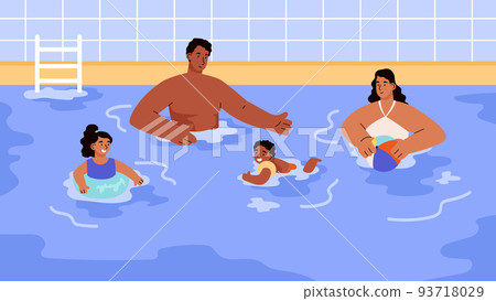 Happy family relaxing in swimming pool, flat vector illustration. Happy family relaxing in swimming pool, flat vector illustration. 93718029