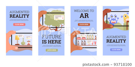 Augmented reality web banners set, people using smartphones with computer generated information, vector illustration. 93718100
