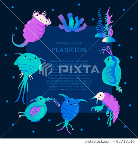 Underwater world banner or poster design with plankton, flat vector illustration. Underwater world banner or poster design with plankton, flat vector illustration. 93718116