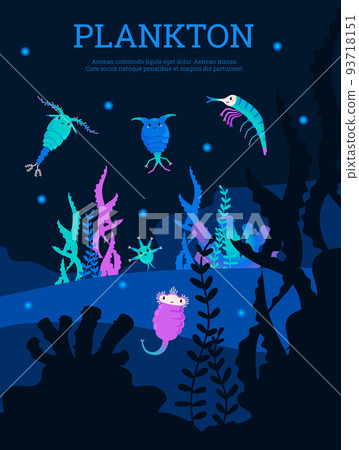 Plankton vibrant colors background or banner template, flat vector illustration. 93718151
