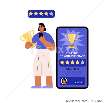 Gamification concept, woman rates purchase and winning award, flat vector illustration isolated on white. 93718219