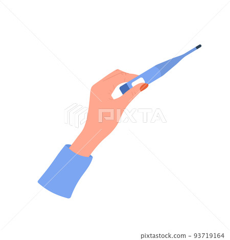 Female hand holding thermometer. Healthcare concept. Vector illustration in flat cartoon style. Cold and flu treatment. Woman takes her temperature Female hand holding thermometer. Healthcare concept. Vector illustration in flat cartoon style. Cold and flu treatment. Woman takes her temperature 93719164