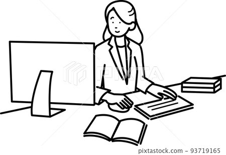 Illustration material of a woman working at a desk line drawing only Illustration material of a woman working at a desk line drawing only 93719165