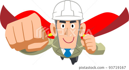 A man wearing work clothes wearing a helmet wearing a cloak and flying 93719167