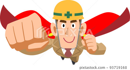 A man at a construction site wearing beige work clothes flying with a cloak A man at a construction site wearing beige work clothes flying with a cloak 93719168