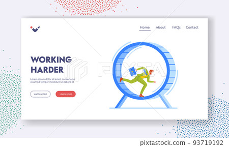 Looping Life and Daily Routine Landing Page Template. Tired Business Man Running inside of Huge Hamster Wheel 93719192