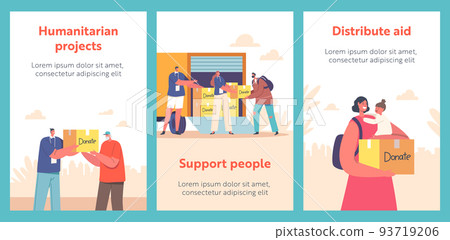 Donation, Material Assistance Cartoon Banners. Volunteers Giving Humanitarian Aid Help Boxes to Refugee Characters 93719206