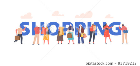 Shopping Concept. People Visiting Supermarket, Store, Boutique, Shop and Market. Customers with Products 93719212