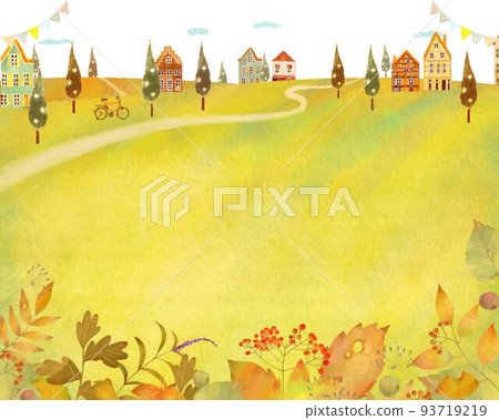 Scandinavian vector frame white background background material with autumn leaves and cute retro cityscape 93719219