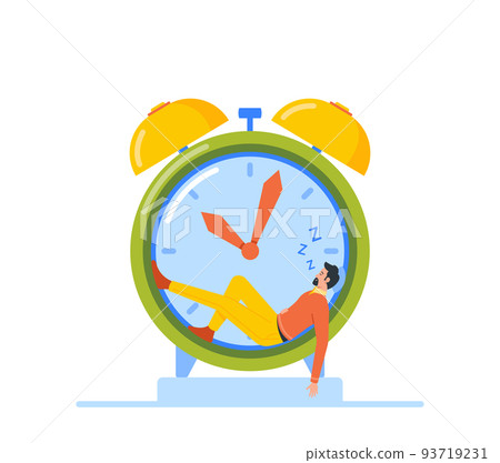Procrastination, Overwork, Time Loosing, Burnout Symptom Concept. Lazy or Tired Overload Businessman Sleeping on Clock 93719231