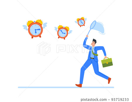 Business Concept of Time Management, Deadline, Loosing Time. Anxious Businessman Catching Flying Alarm Clocks Business Concept of Time Management, Deadline, Loosing Time. Anxious Businessman Catching Flying Alarm Clocks 93719233