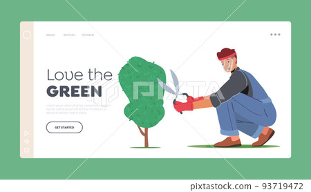 Yardwork Maintenance Landing Page Template. Man Cut Hedge in Orchard Doing Gardener Works Prune Shrub with Scissors 93719472