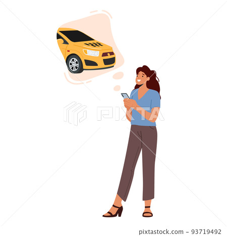 Young Woman Calling or Using App for Ordering Taxi Isolated on White Background. Female Customer Character Order Car Young Woman Calling or Using App for Ordering Taxi Isolated on White Background. Female Customer Character Order Car 93719492