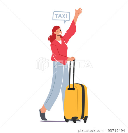 Girl Passenger with Yellow Luggage Ordering Taxi Car Isolated on White Background. Woman with Suitcase Waving Hand Girl Passenger with Yellow Luggage Ordering Taxi Car Isolated on White Background. Woman with Suitcase Waving Hand 93719494