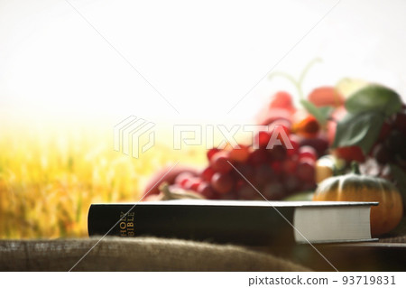 Church thanksgiving day fruit and ear of rice field background with bible and grain Church thanksgiving day fruit and ear of rice field background with bible and grain 93719831