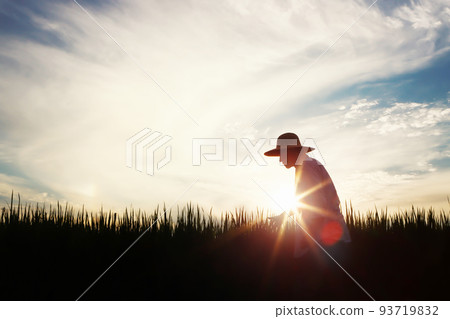 Rice, wheat and barley grains ripening in autumn rice field and field landscape and farmer and sunset field background Rice, wheat and barley grains ripening in autumn rice field and field landscape and farmer and sunset field background 93719832