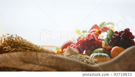 Church thanksgiving decoration and background with fruits and grains autumn berries background 93719833