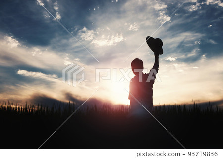 Rice, wheat and barley grains ripening in autumn rice field and field landscape and farmer and sunset field background Rice, wheat and barley grains ripening in autumn rice field and field landscape and farmer and sunset field background 93719836