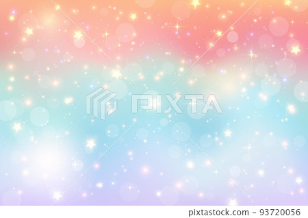 Fantasy watercolor illustration with rainbow pastel sky with stars. Abstract unicorn cosmic backdrop. Cartoon girlie vector illustration. 93720056