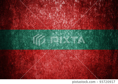 Closeup of grunge Transnistrian flag. Dirty Transnistria flag on a metal surface 93720917