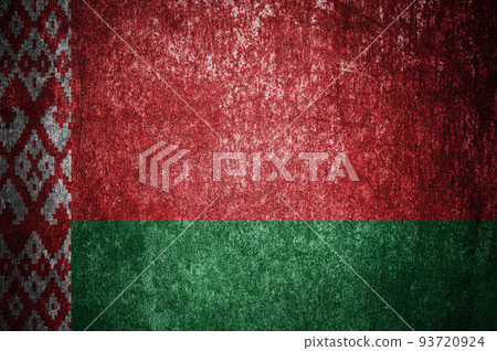 Closeup of grunge Belarusian flag. Dirty Belarus flag on a metal surface 93720924
