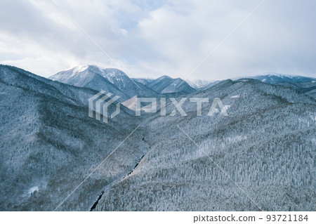 Aerial mountain landscape winter natural scenery in Russia, Adygea, Guzeripl, Plateau Lago-Naki. Aerial mountain landscape winter natural scenery in Russia, Adygea, Guzeripl, Plateau Lago-Naki. 93721184