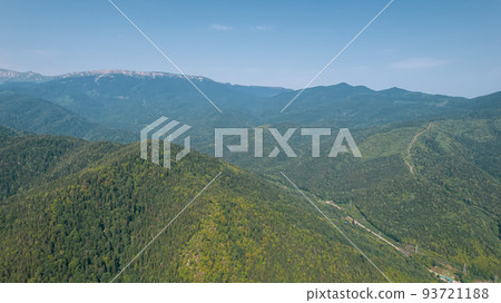 Aerial mountain landscape and river natural scenery in Russia, Adygea, Guzeripl, Plateau Lago-Naki. Aerial mountain landscape and river natural scenery in Russia, Adygea, Guzeripl, Plateau Lago-Naki. 93721188
