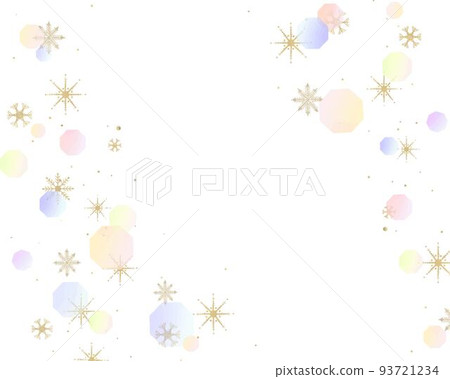 白色背景框架插圖矢量素材，帶有美麗的淡虹彩圖案和落下的金色雪花 93721234