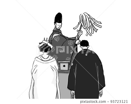 The head of the priest holding a large bill, the bride and groom in kimono (shuharai ceremony), hidden horns, monotone 93723121