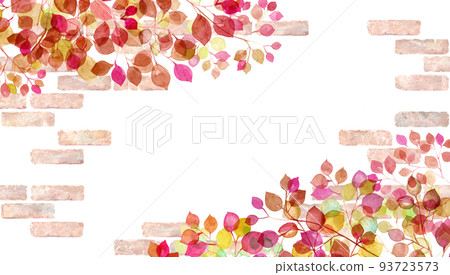 秋葉水彩插圖反對天然磚牆背景。秋冬植物裝飾框架。 93723573