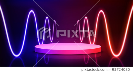Illuminated interior with empty podium and neon glowing waves. 3d vector illustration 93724080