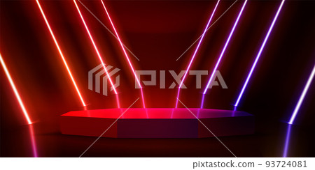 illuminated interior with empty stage and red neon lights. 3d vector illustration 93724081