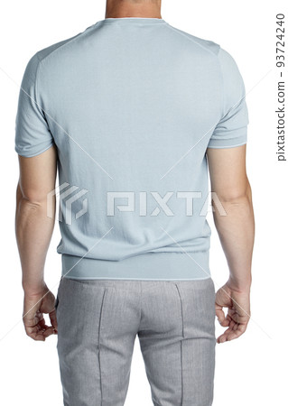 Male model, athletic build in short-sleeve T-shirt and a chinos, in grey tones, isolated on a white background. Rear view. Male model, athletic build in short-sleeve T-shirt and a chinos, in grey tones, isolated on a white background. Rear view. 93724240