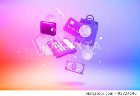 Shopping and ecommerce concept with payment terminal, coins, wallet, shopping bags 93724546
