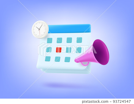 Agenda concept with calendar, loudspeaker and clock. 3d vector illustration Agenda concept with calendar, loudspeaker and clock. 3d vector illustration 93724547