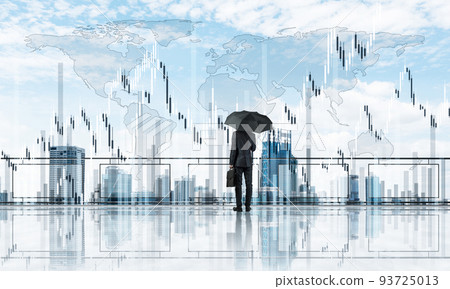 Elegant businessman standing with back and looking at modern business cityscape. Mixed media 93725013