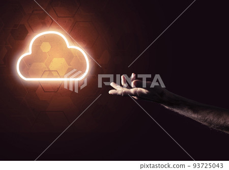 Digital cloud icon as symbol of wireless connection on dark background Digital cloud icon as symbol of wireless connection on dark background 93725043