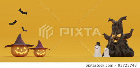 Jack-o'-lantern, ghost and haunted tree / Halloween material with copy space 93725748