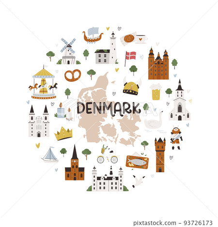 Circle decoration, emblem with famous symbols and landmarks of Denmark 93726173