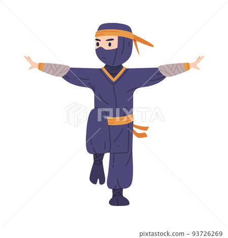 Standing on One Leg Ninja or Shinobi Character as Japanese Covert Agent or Mercenary in Shozoku Disguise Costume Vector Illustration 93726269