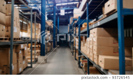 Passageway in a huge distribution warehouse with high shelves. Bottom view. warehouse background concept 93726545