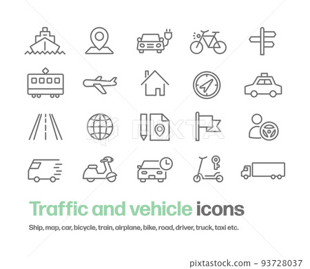 Simple line drawing icon set about transportation and travel. Ships, maps, cars, bicycles, motorcycles, trucks, etc. 93728037
