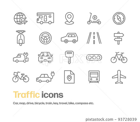 自行車、汽車和摩托車等交通工具圖標，以及地圖、道路和指南針等交通和旅行圖標 93728039
